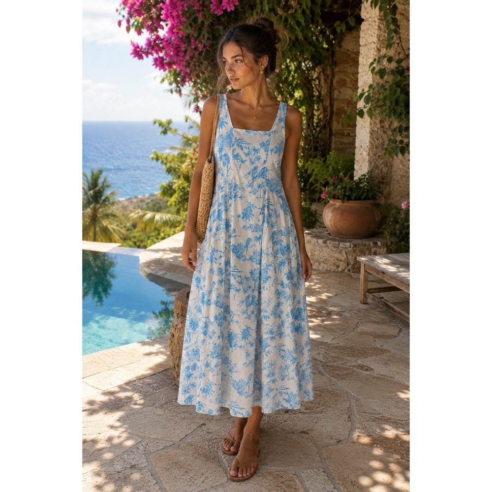 Joie Linen Blend Tropical Toile Midi 6 Dress Blue White Resort Sundress SS11